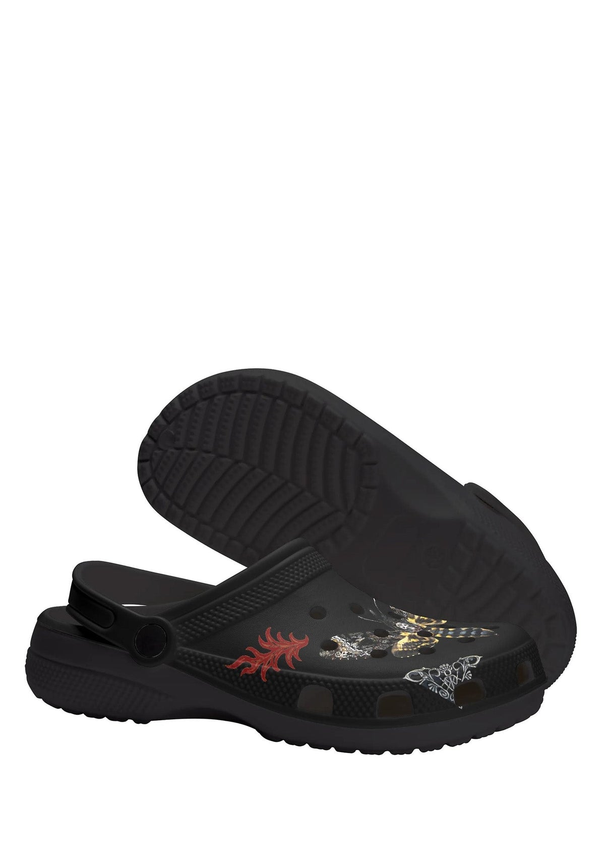 Black slippers showing tread pattern and death moth tattoo on sole and side