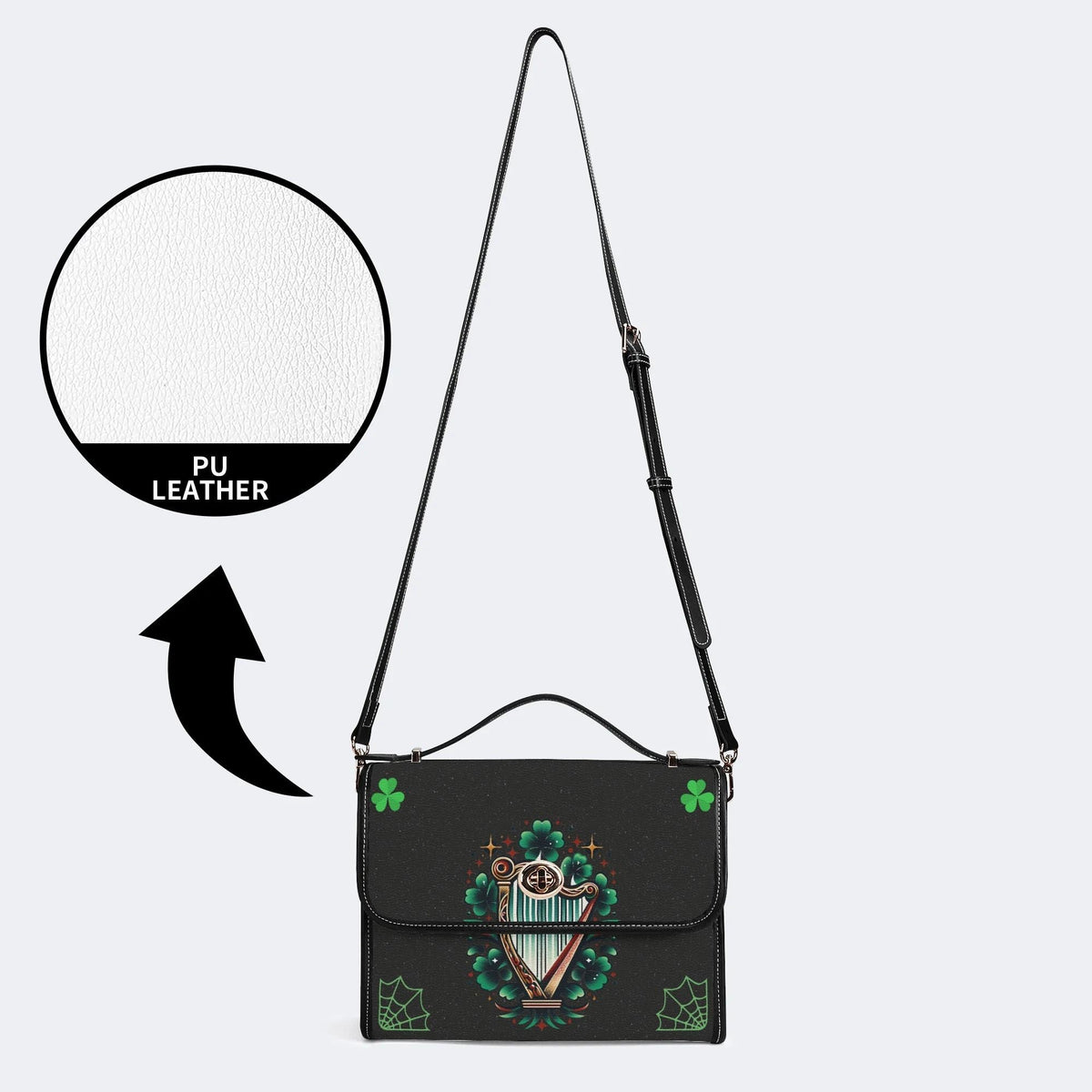 Irish Harp & Shamrocks Print - Leather Satchel Bag