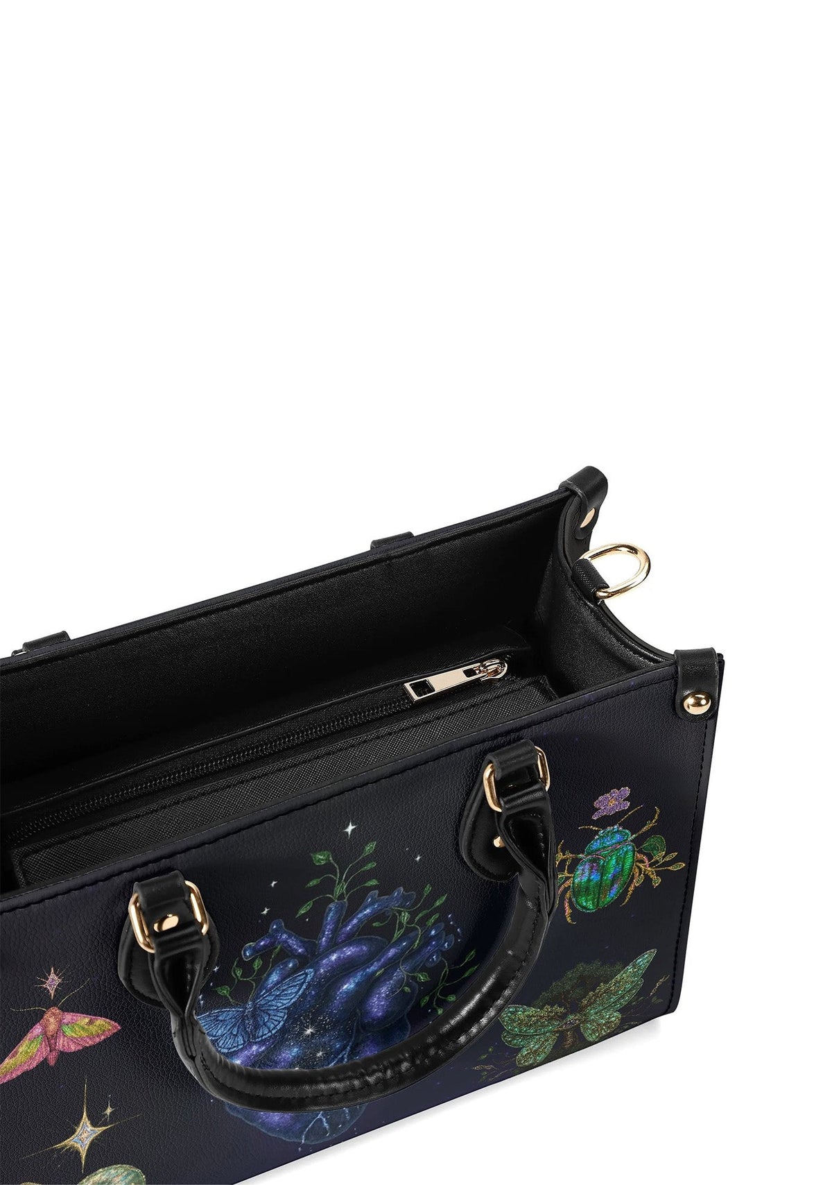 Interior zip pocket and structured top opening of gothic botanical handbag