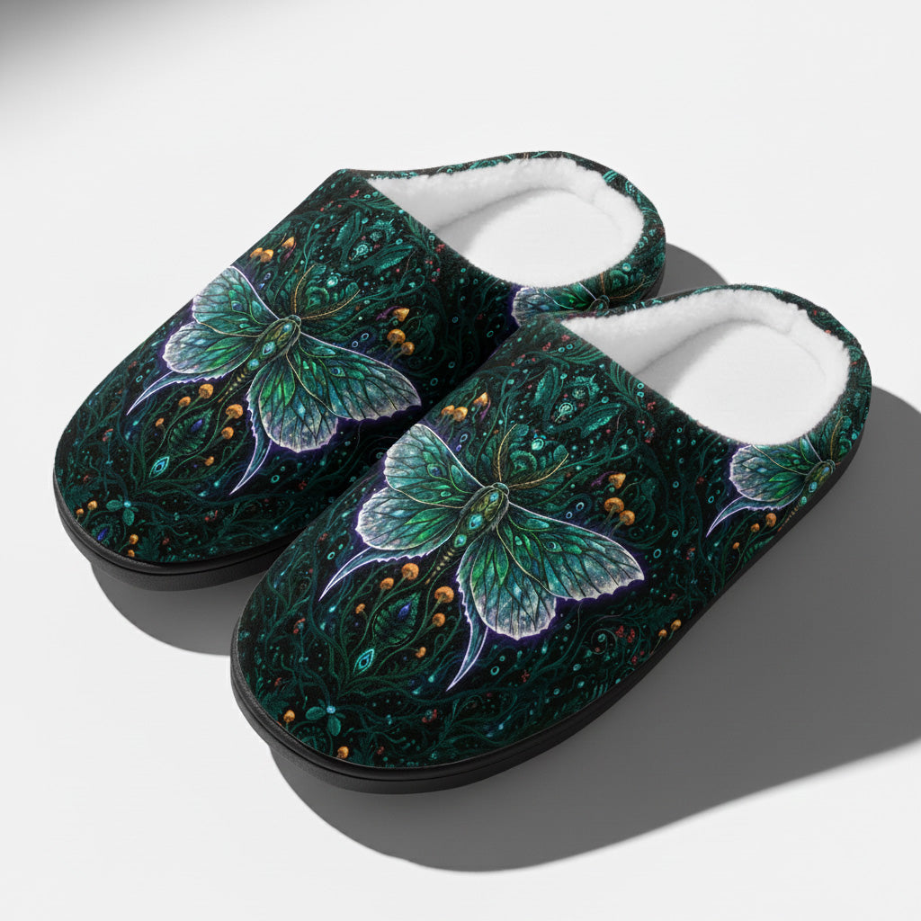 Emerald Feather Moth Fleece-Lined Slippers