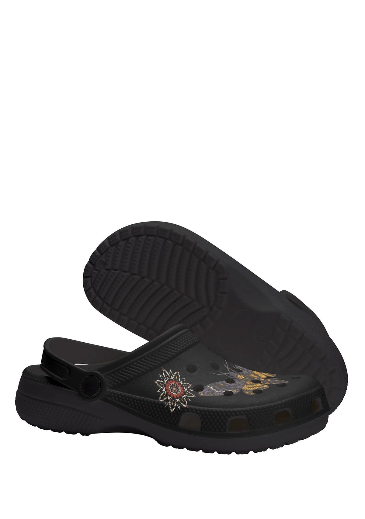 Close-up showing sole and side design with skull and moth tattoos