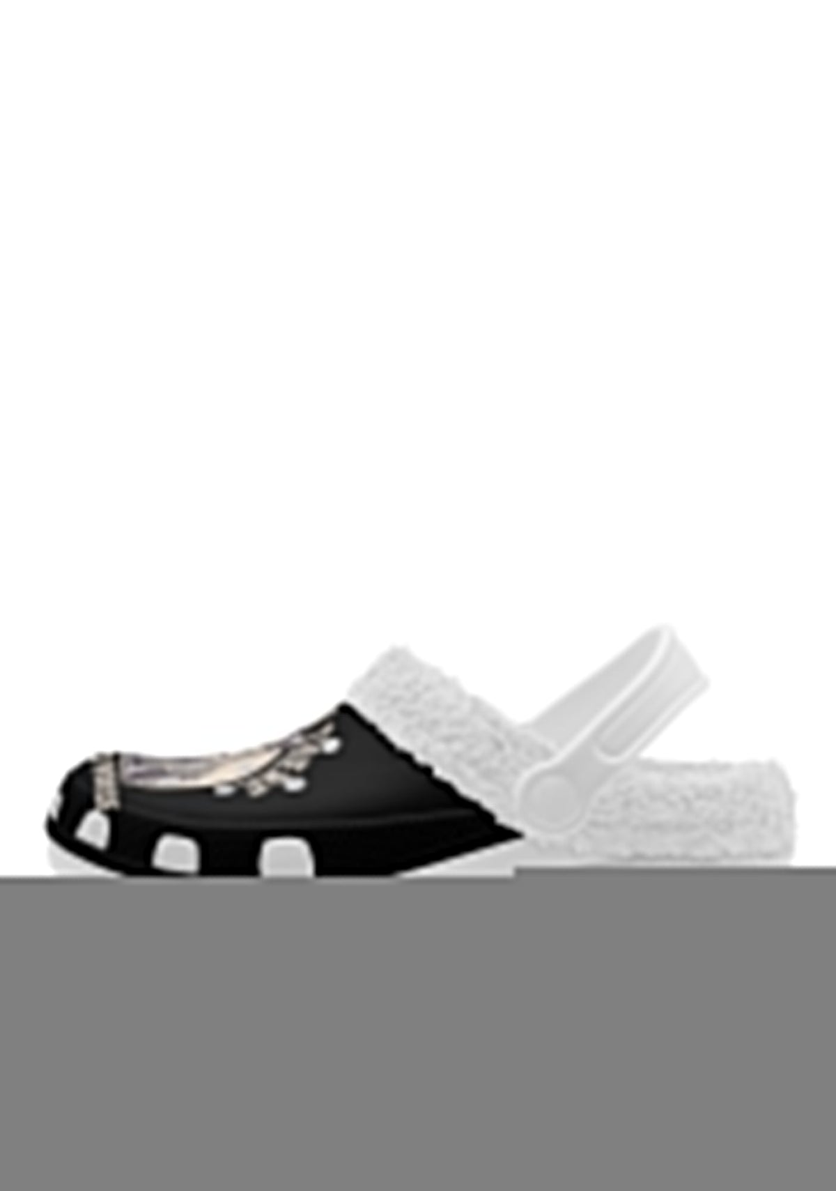 Right side of white fuzzy slippers with humorous slogan print