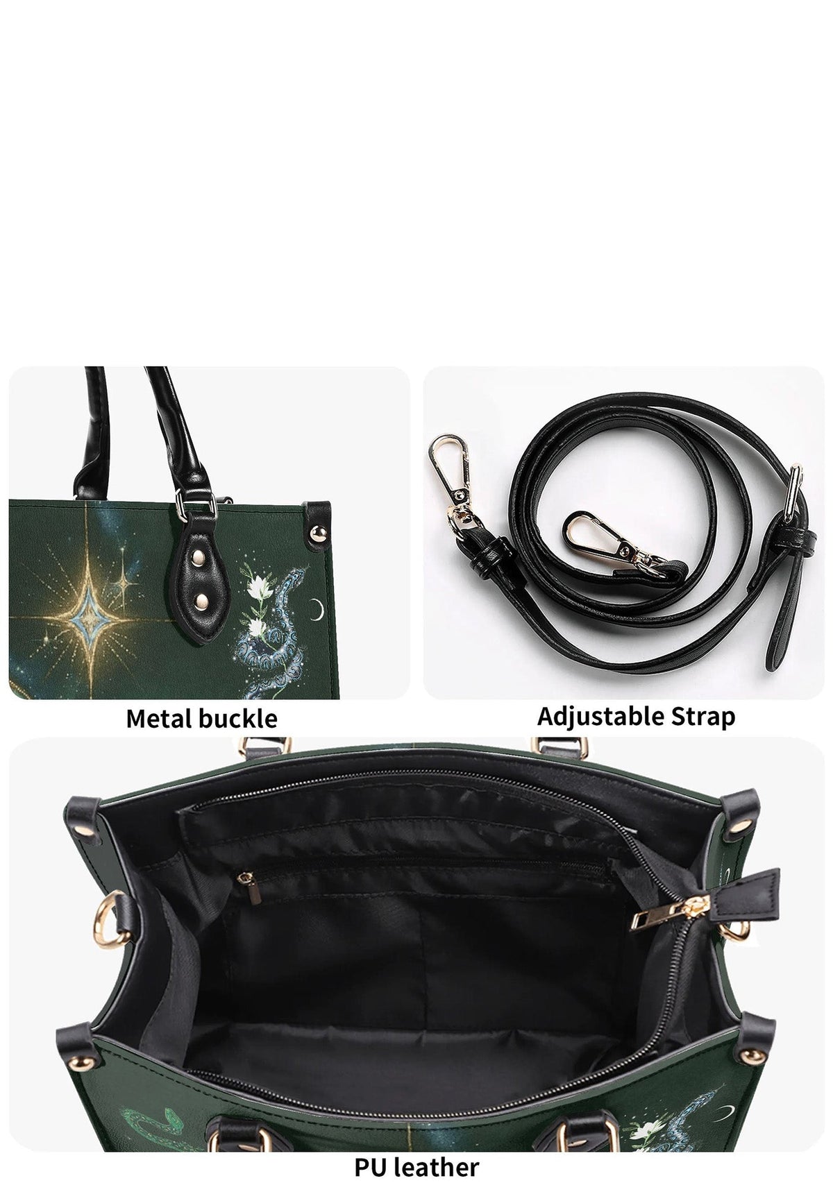 Close-up of adjustable strap, metal buckle, and PU leather interior of the gothic snake print handbag