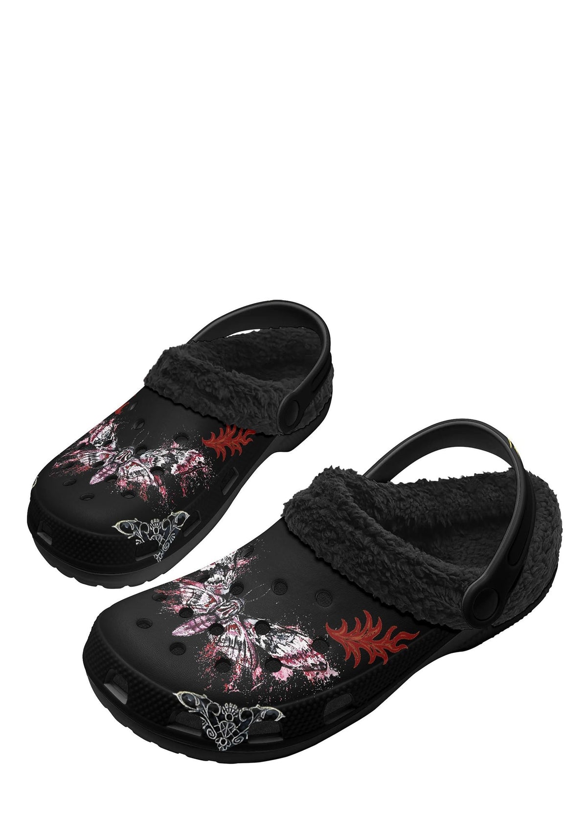 Flat lay of black fuzzy slippers with moth tattoo