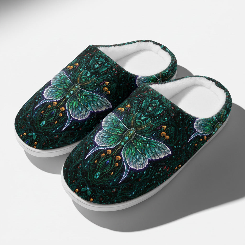 Emerald Feather Moth Fleece-Lined Slippers