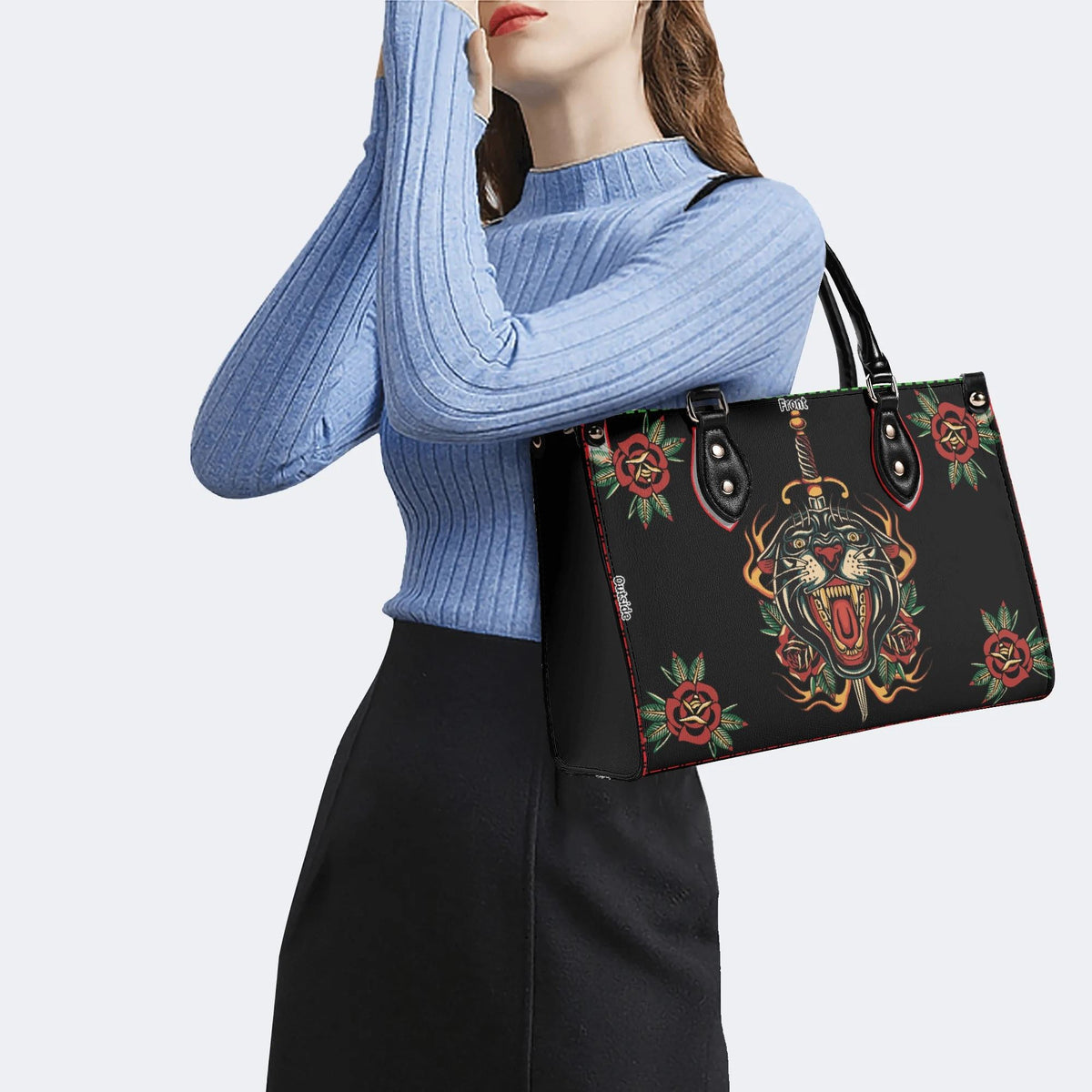 Fire Tiger Traditional Tattoo Print - Leather Handbag
