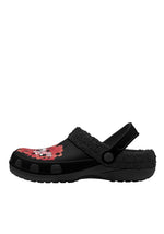 Outer side of black slippers with skull-winged blood moth print