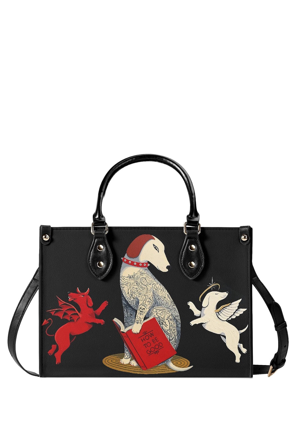 Gothic handbag with tattooed dog reading "How To Be Good" book