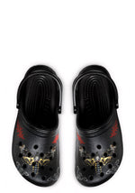Black Death Flame slippers with gothic red flames and death moth print, top view