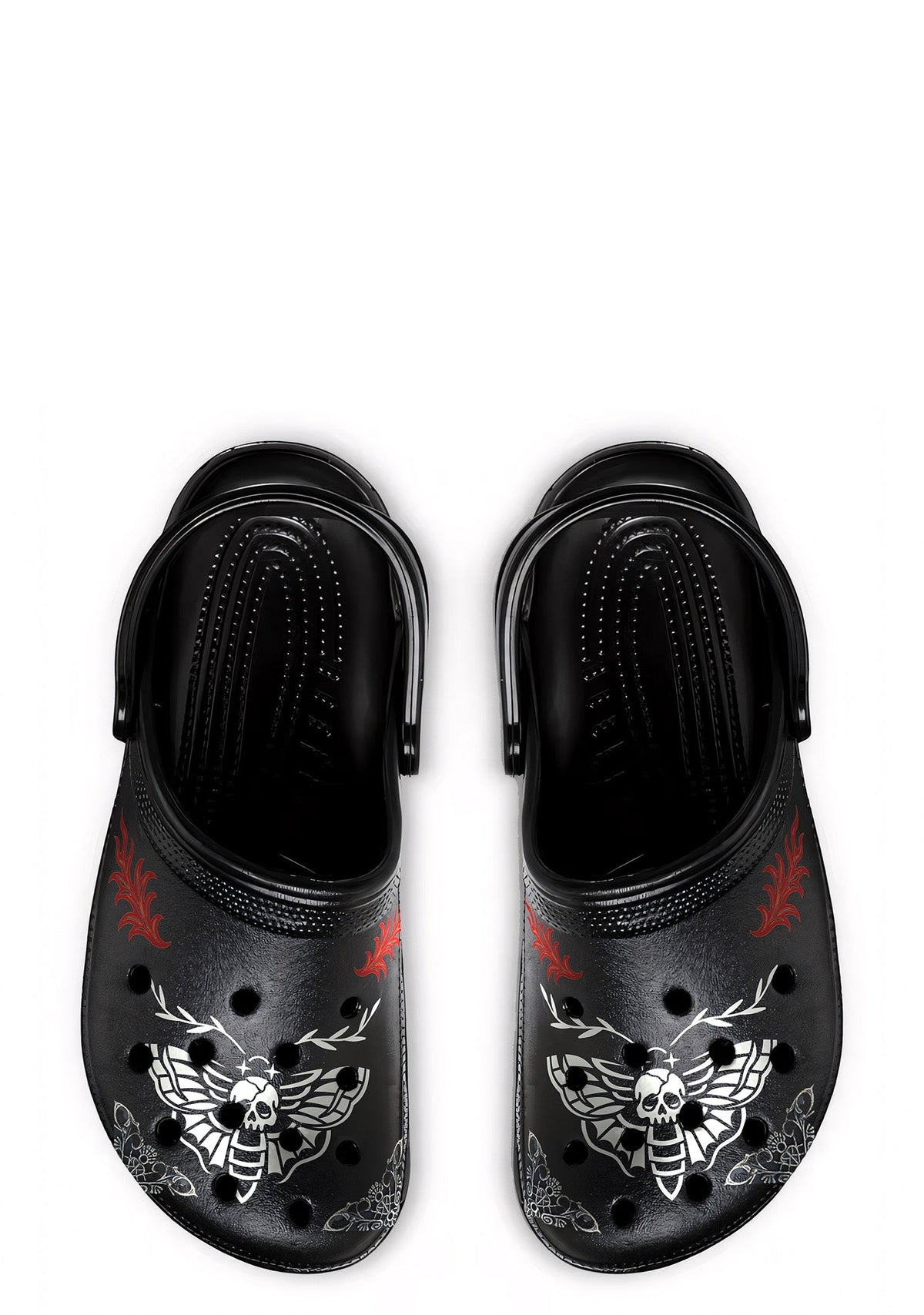 Top view of Whispers In Bloom Slippers in black with gothic moth and flame tattoo print