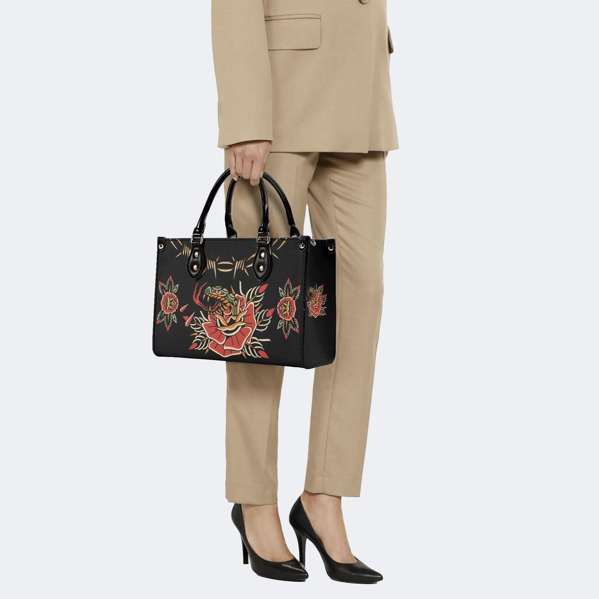 Rose and Snake Print - Leather Handbag