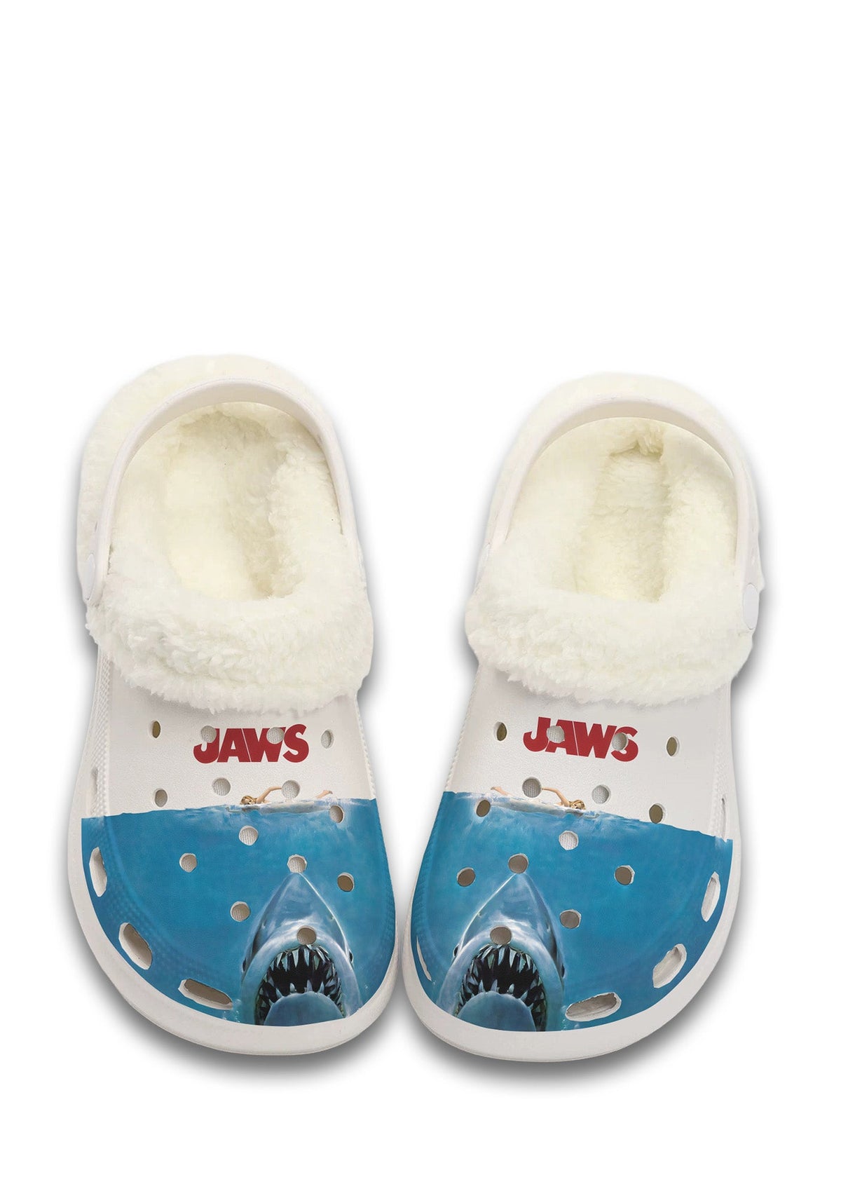 Front view of white fuzzy JAWS slippers with great white shark graphic