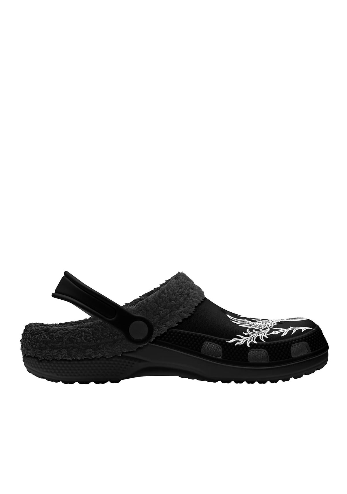 Inner side view of the slipper, highlighting the soft plush interior and black fur texture, with a hint of the winged heart design visible on top