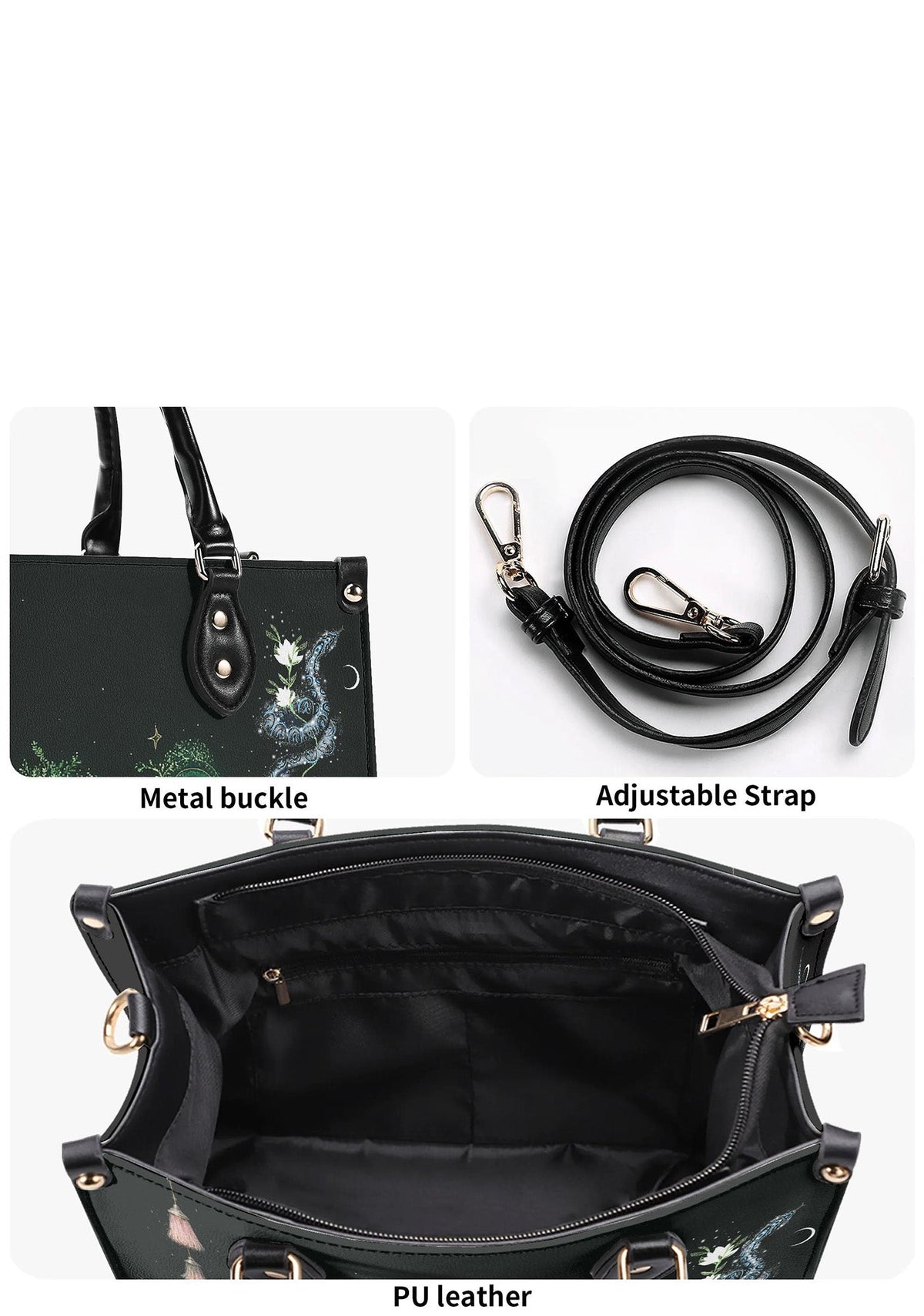 Close-up of bag details including metal buckle, strap, and PU leather interior