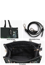 Close-up of bag details including metal buckle, strap, and PU leather interior