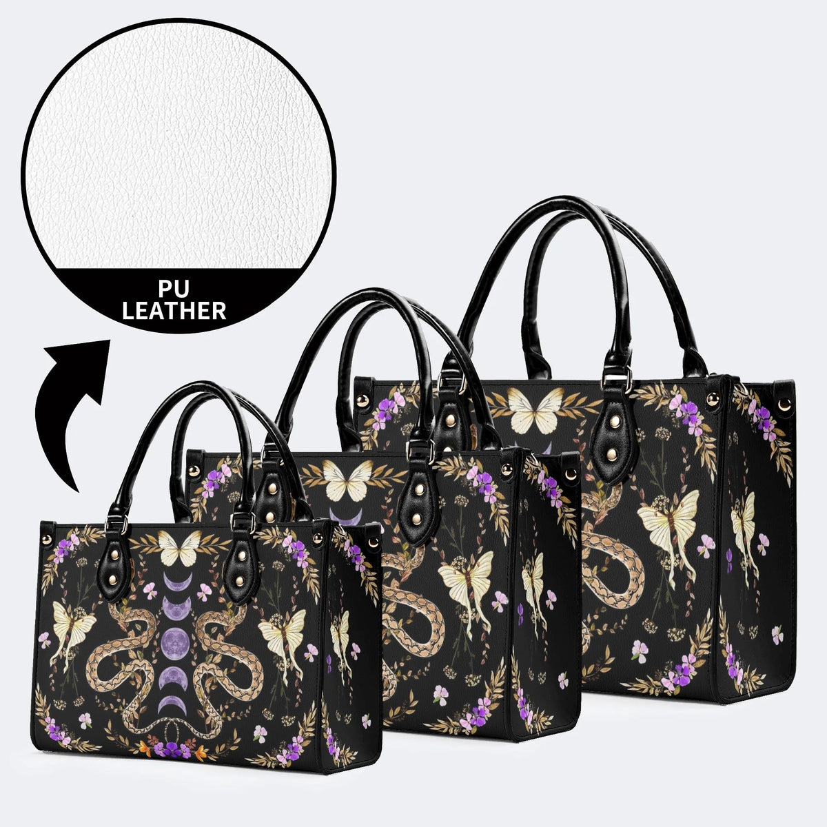 Vintage Moth And Snake Print - Leather Handbag