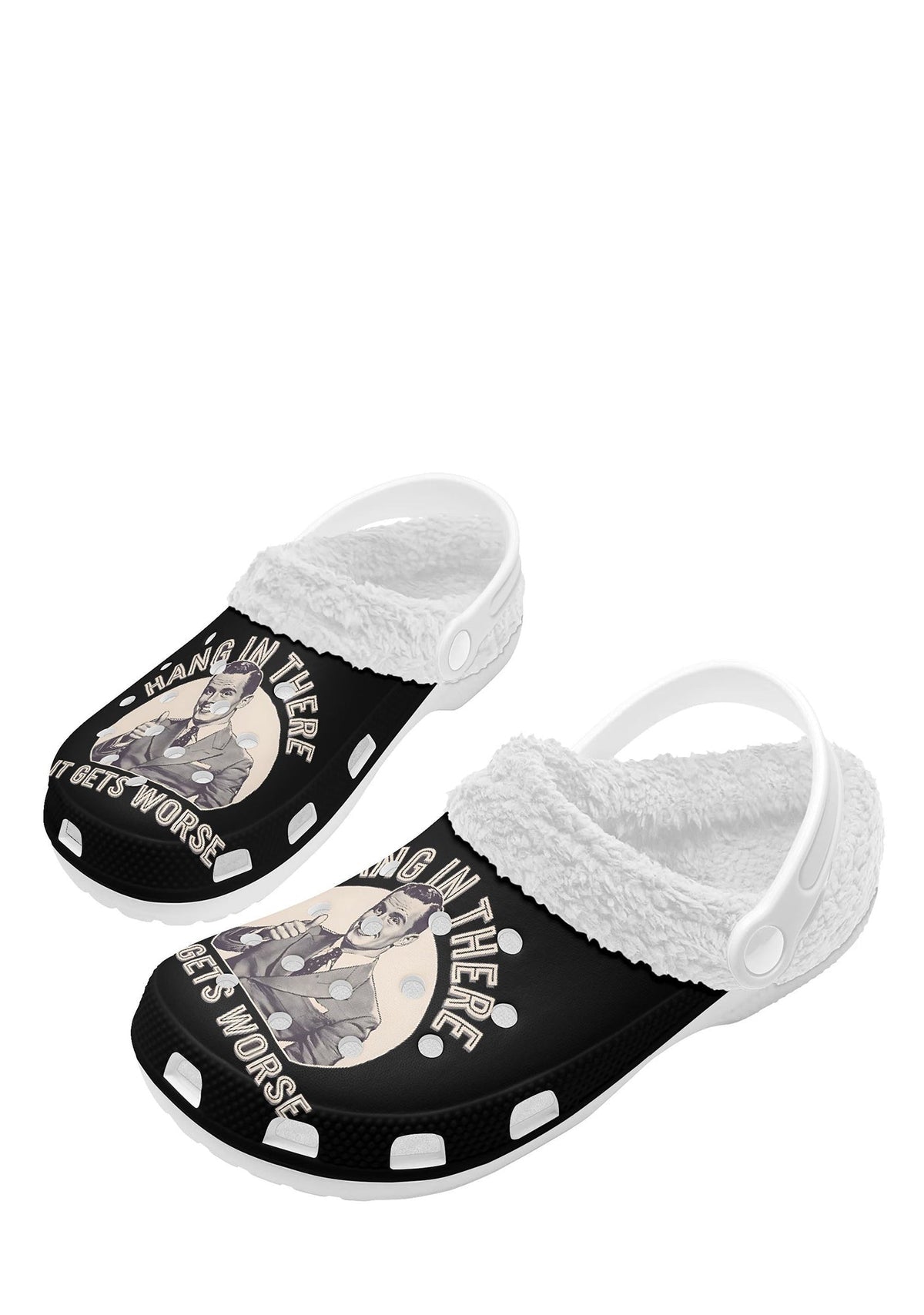 Side view of white lined slippers with sarcastic retro illustration