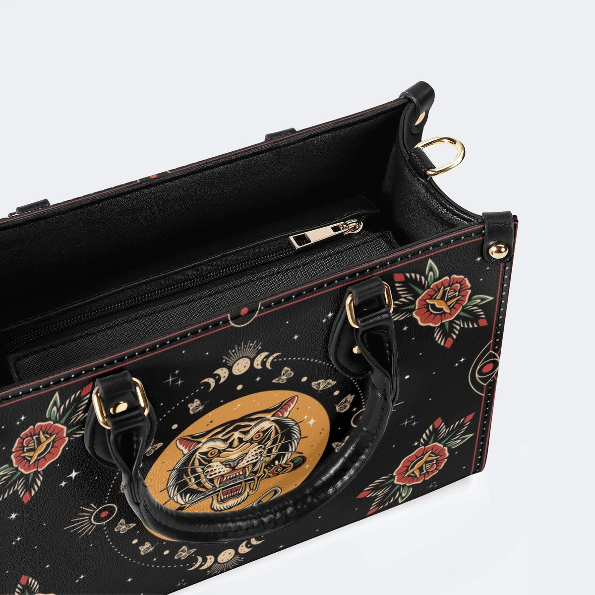 Vintage Tiger And Moth Print - Leather Handbag