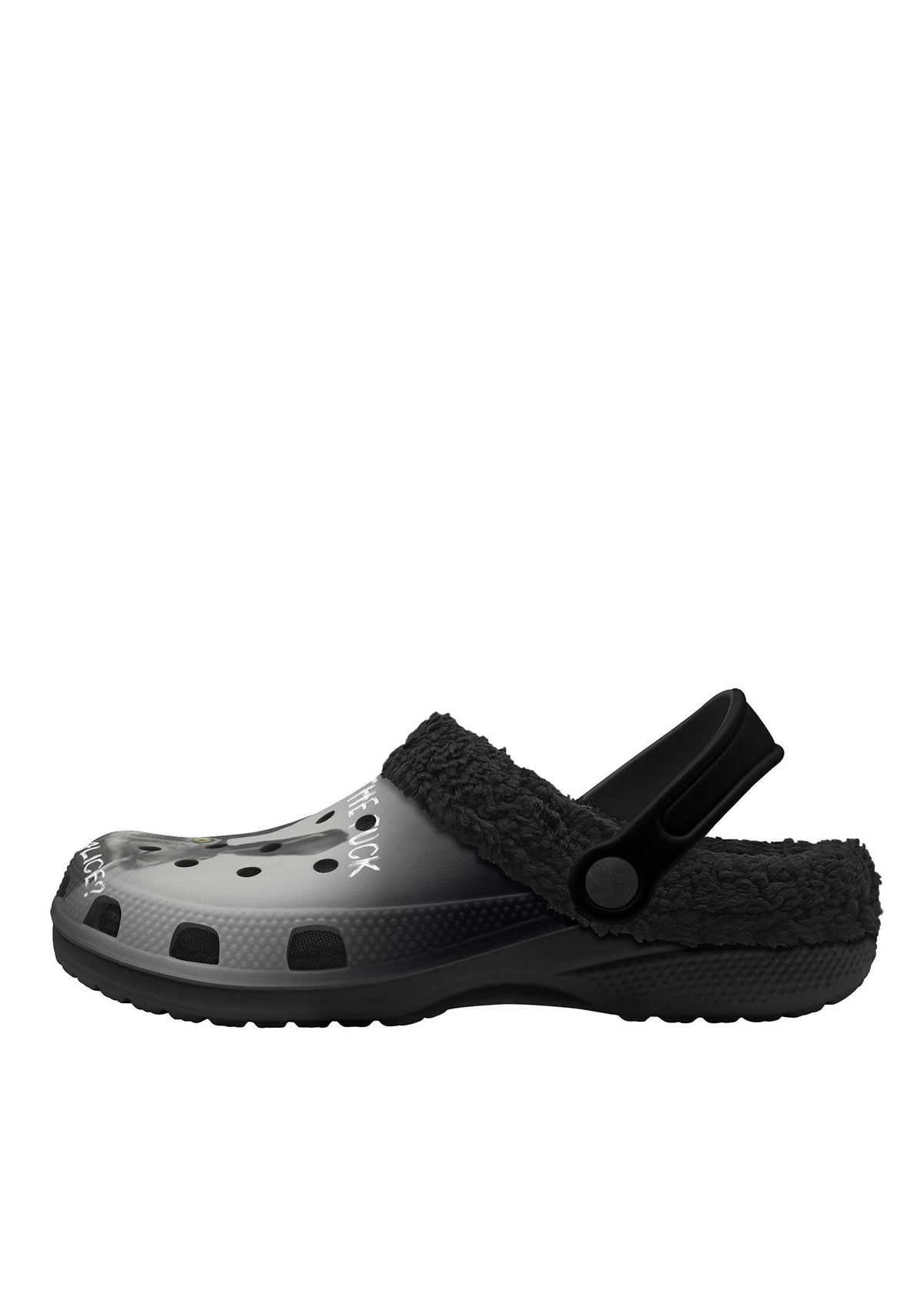 Side view of black fuzzy slippers with bold text and rabbit design
