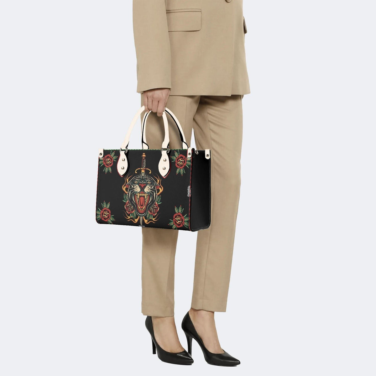 Fire Tiger Traditional Tattoo Print - Leather Handbag