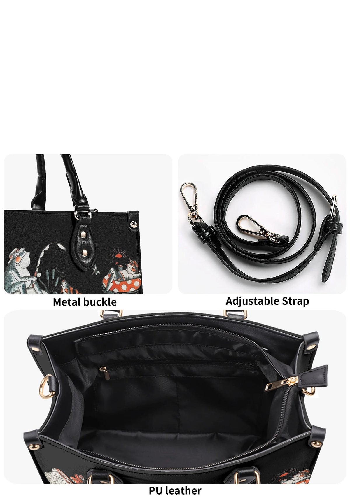 Close-up of detachable strap and gold buckle on mushroom tattoo handbag