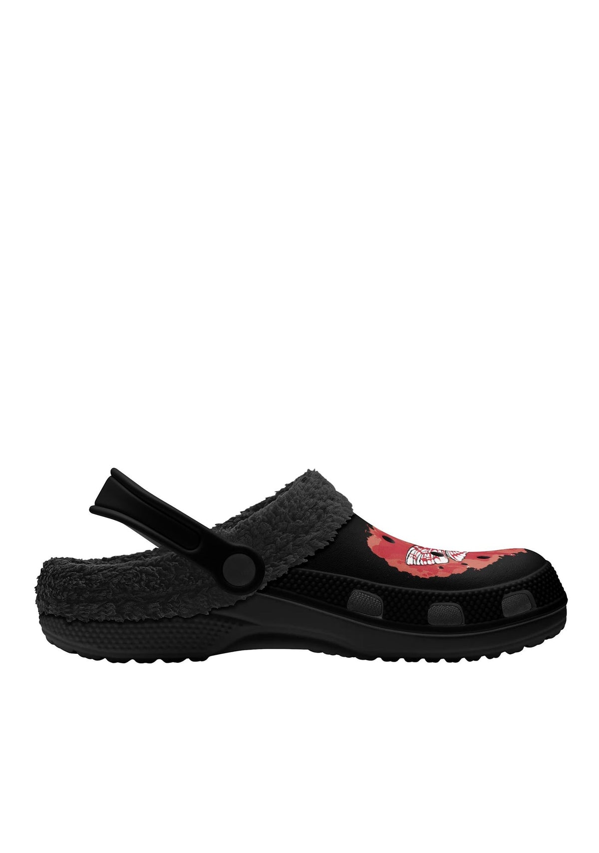 Inner view of fleece-lined slippers with gothic red moth design