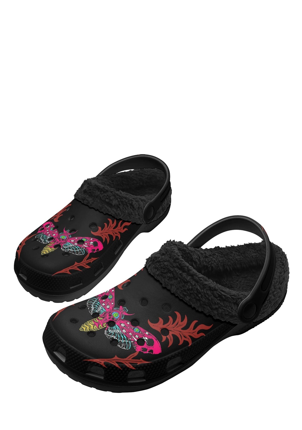 Flat lay of Neon Wings slippers with fleece lining and bold print