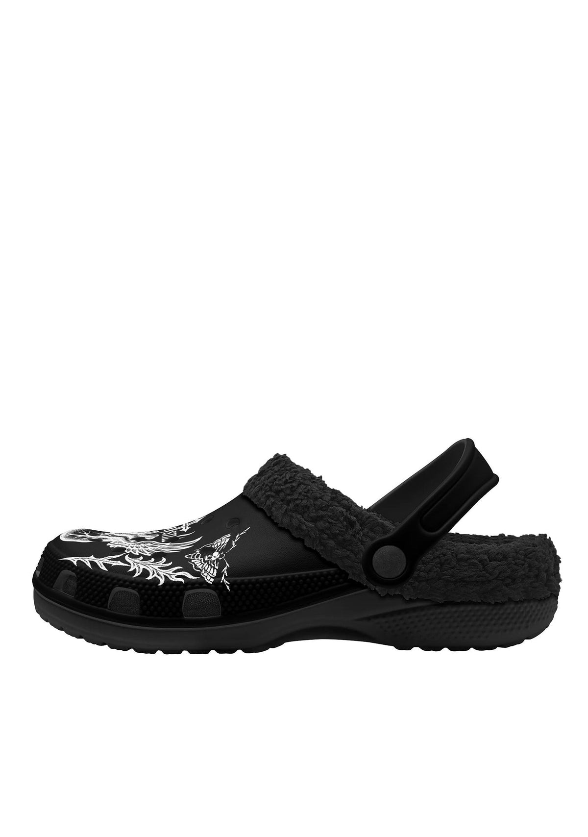 Side profile of the slipper showing the fuzzy black material and the winged heart emblem on the upper from a lateral angle