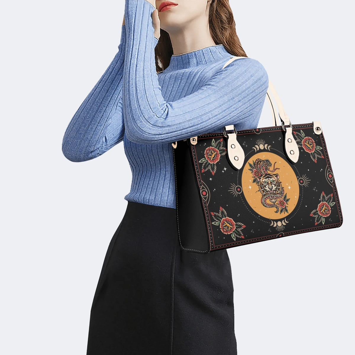 Tiger And Snake In The Moonlight- Leather Handbag