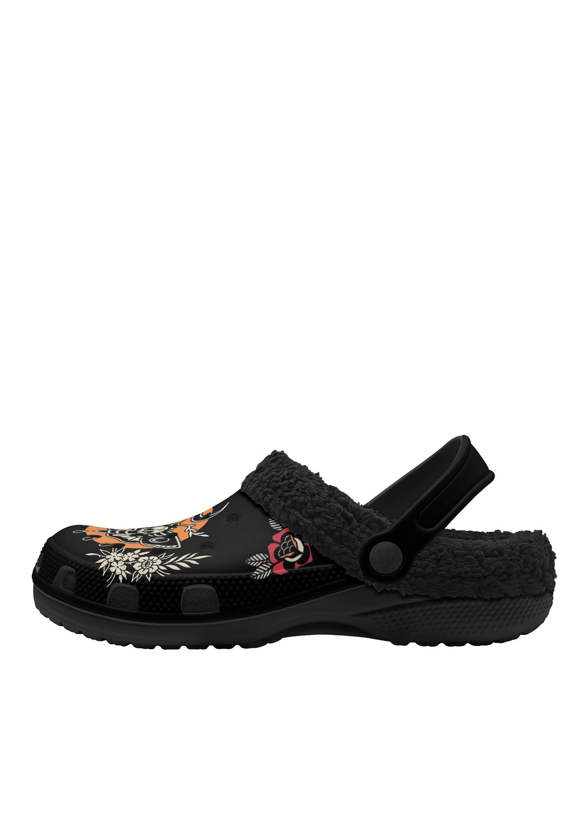 Close-up of left black clog with crescent moon and skull moth pattern