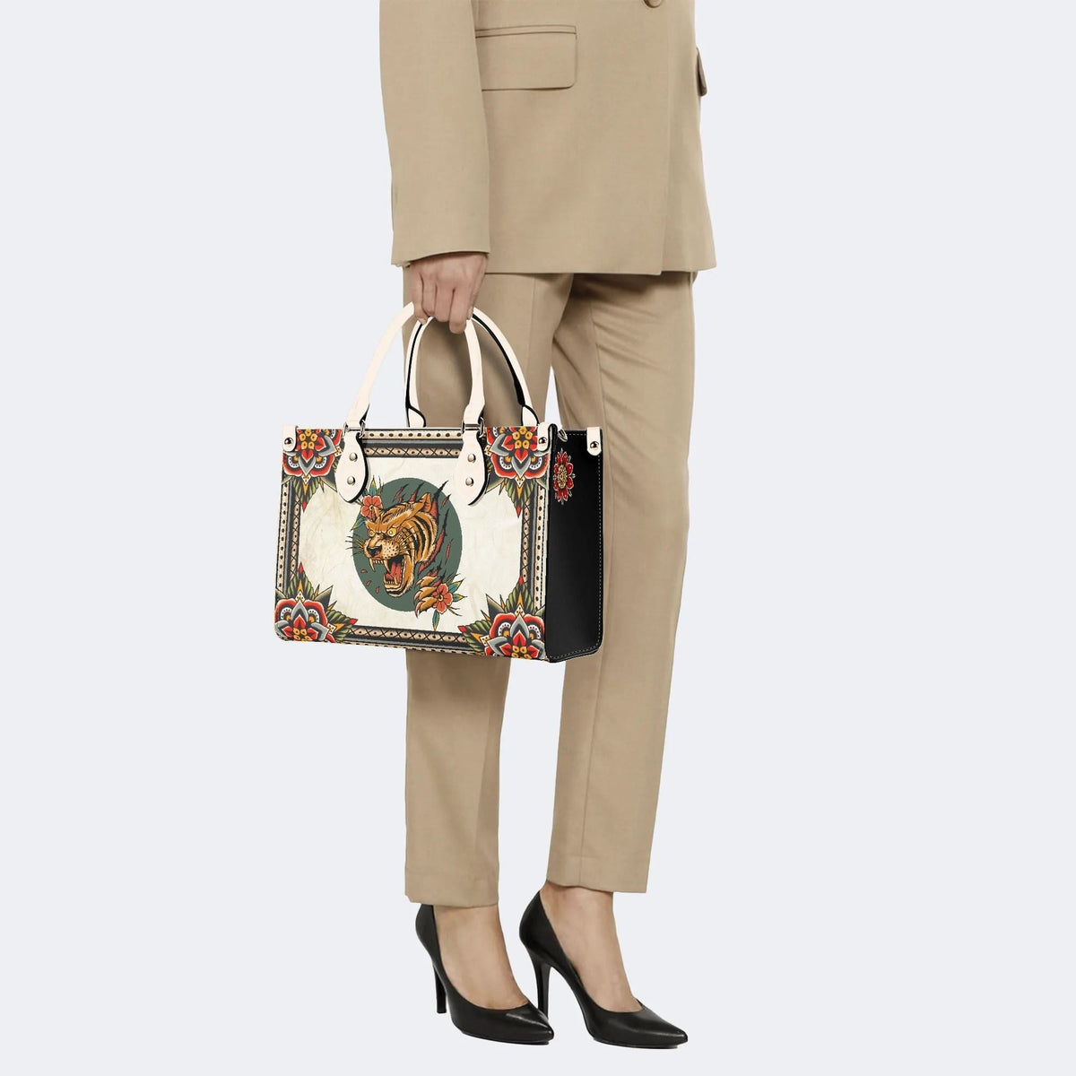 Tiger And Tiger Paw Print - Leather Handbag