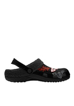 Inner view of gothic slippers with white and red moth graphic