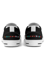 White-trim heel view with rainbow-colored “Tattoos are Stupid” text