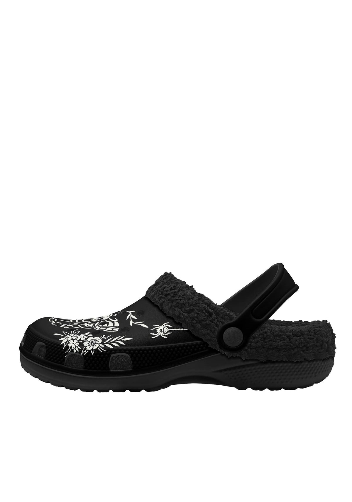 Side profile of black clogs with bold floral and insect illustrations