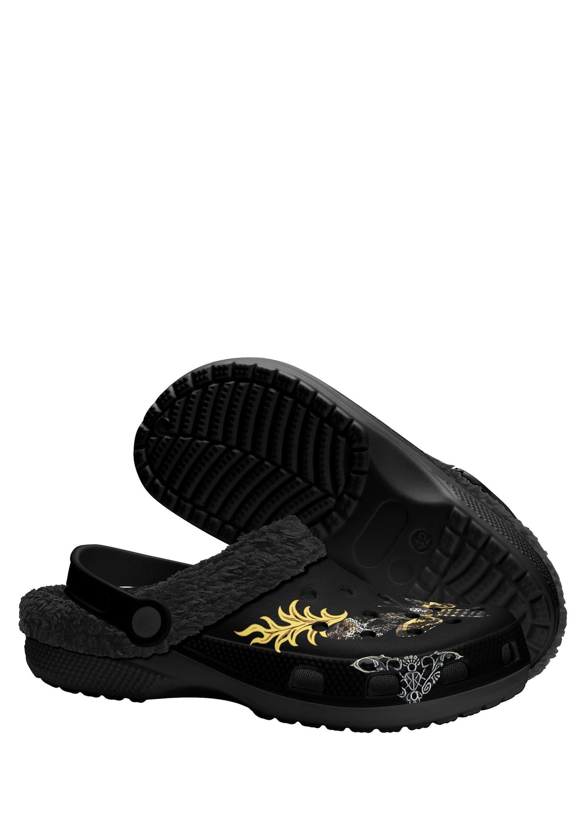Sole view of fuzzy gothic clogs with tread base