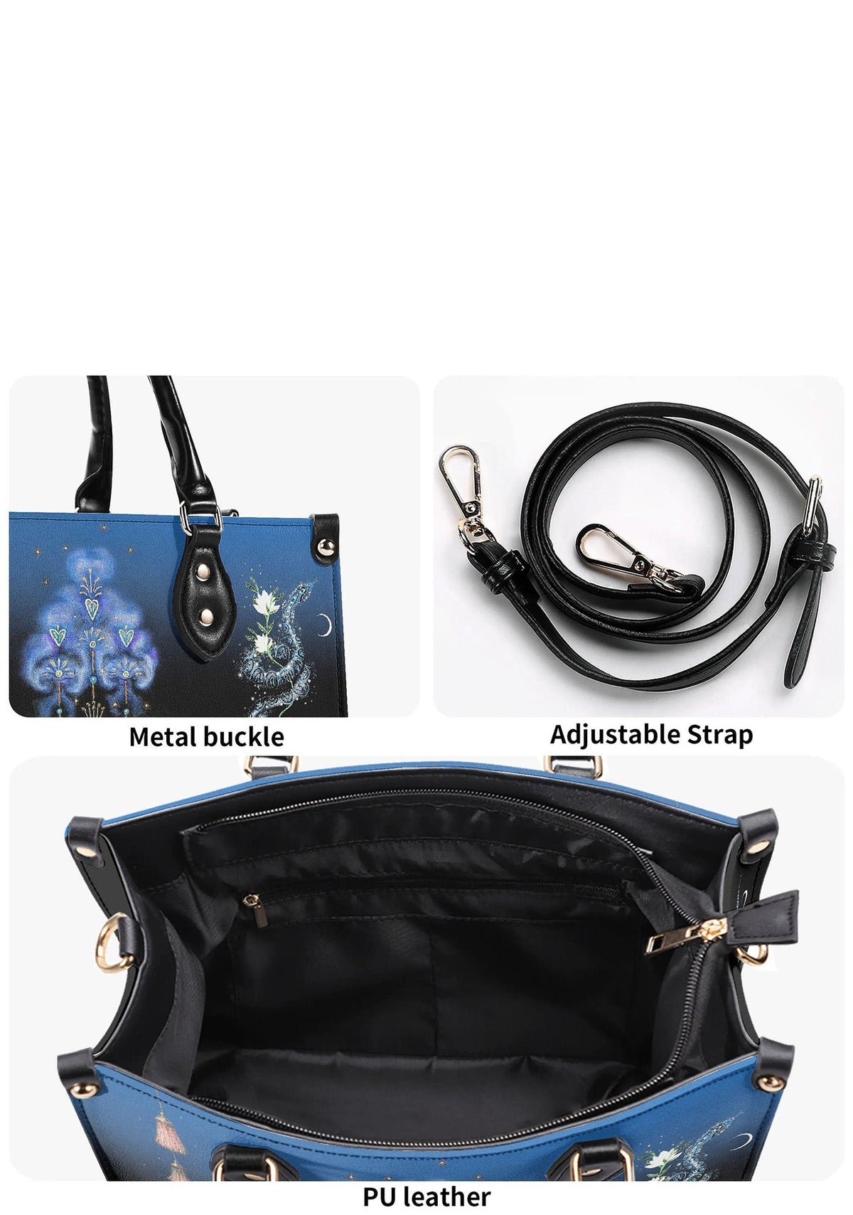 Close-up of PU leather texture, metal buckles, and adjustable black strap of gothic shoulder bag