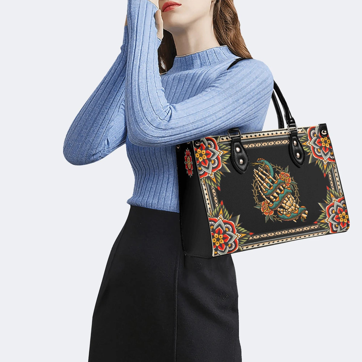 Skeleton Hand And Snake - Leather Handbag
