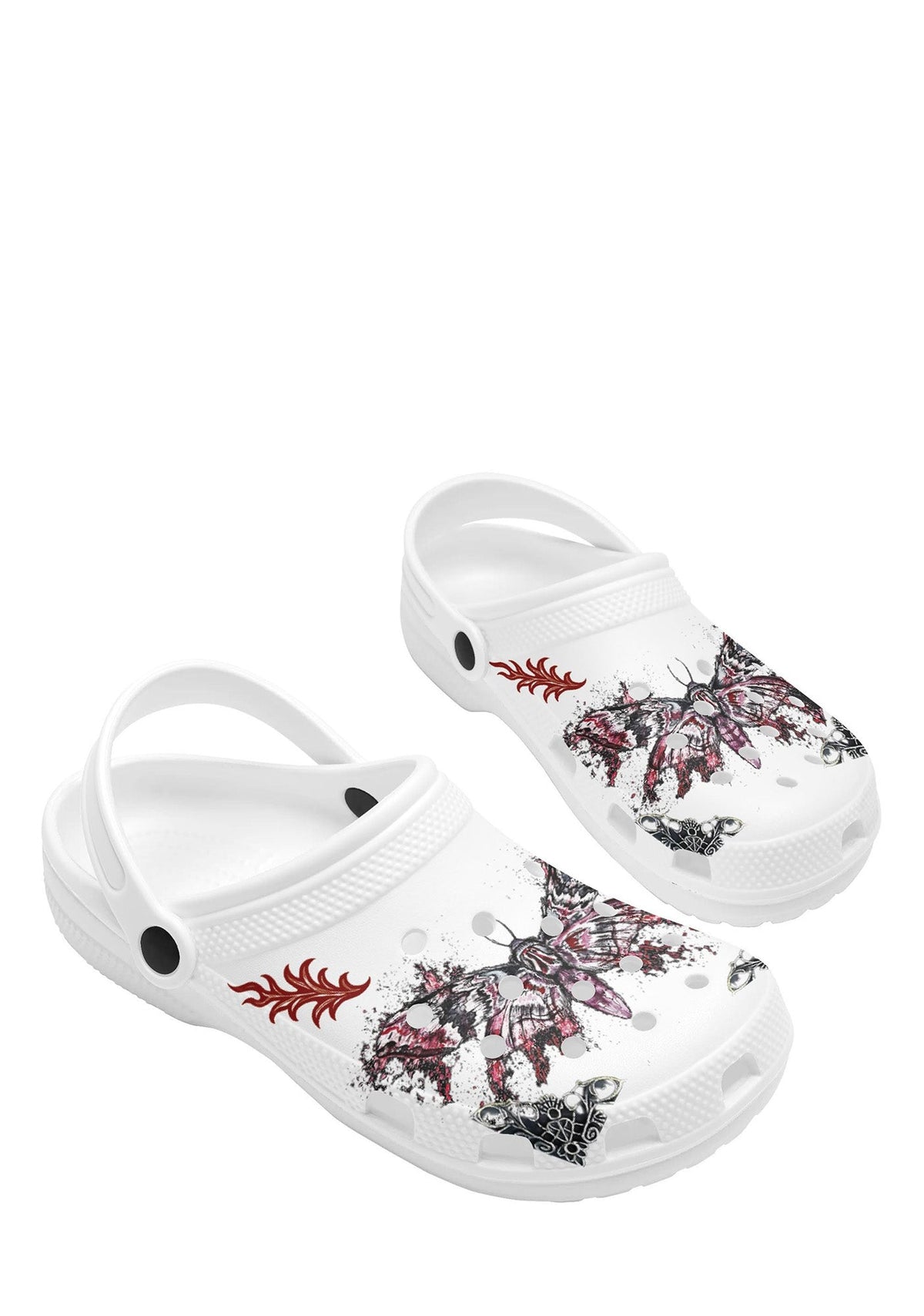 Rear angled view of white gothic clogs with strap and splattered moth tattoo pattern