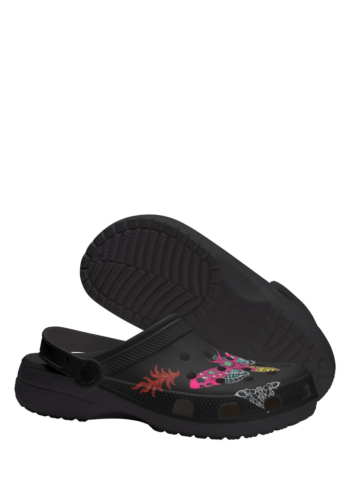 Bottom view of black moth slippers showing sole grip and design