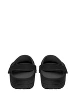 Back view of black Death Flame slippers with gothic strap and red flame art