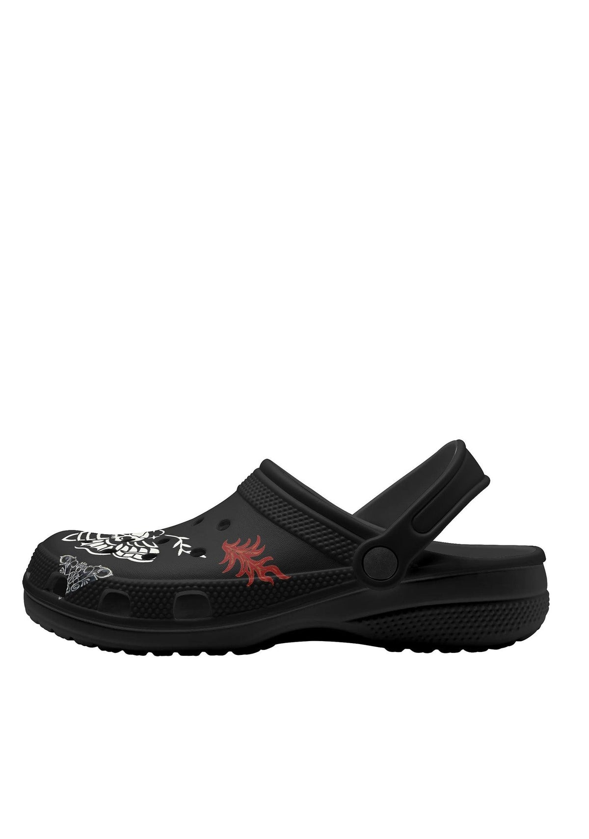 Left side view of black Whispers In Bloom Slippers featuring skull moth and red flame design