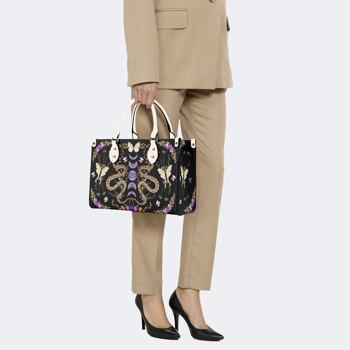 Vintage Moth And Snake Print - Leather Handbag