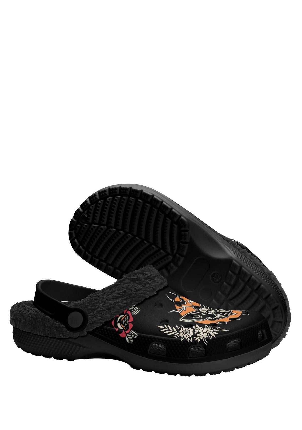 Bottom sole view of black fuzzy clog with tattoo-style moth illustration