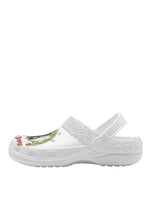 Side view of white slippers with gore zombie illustration