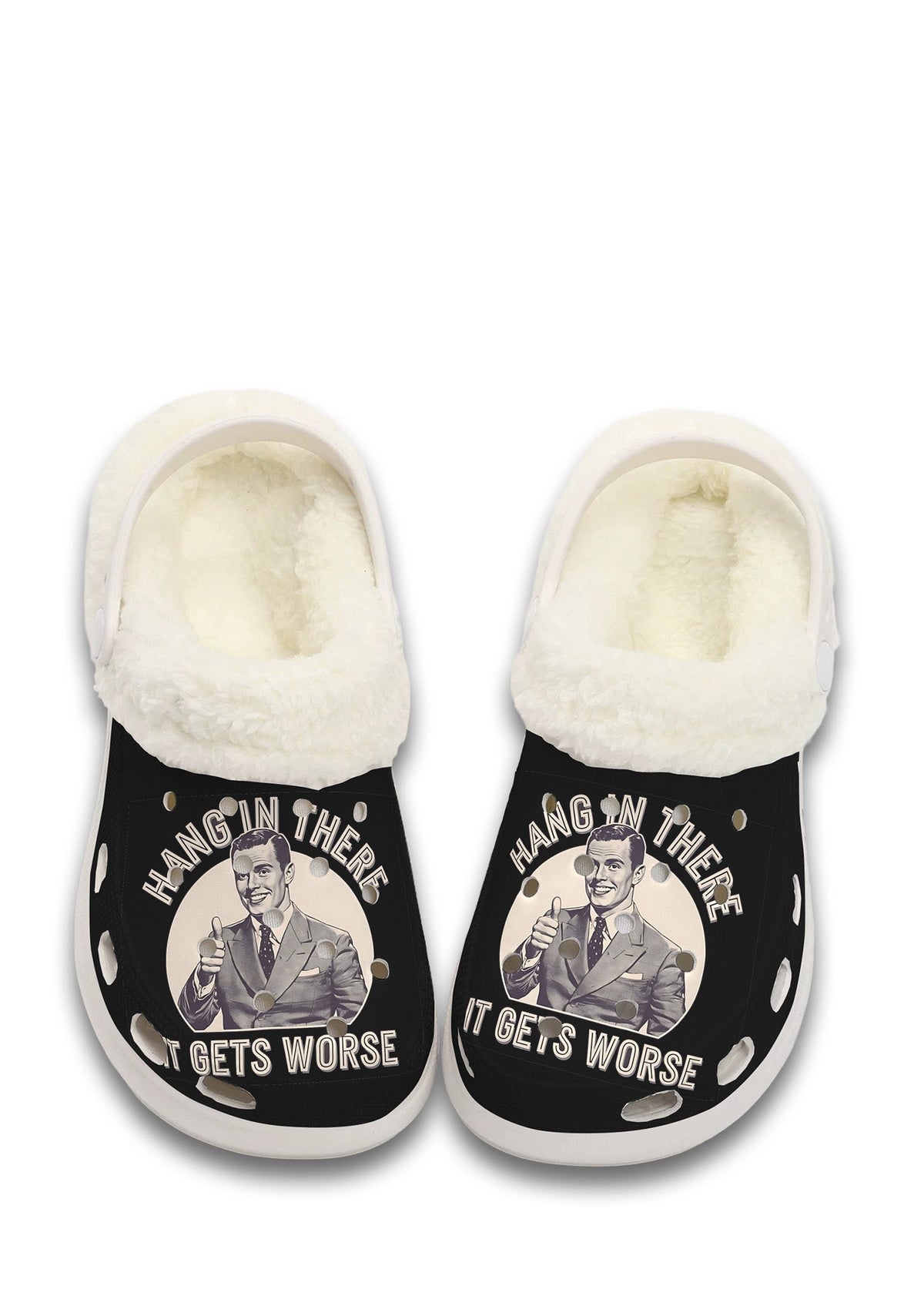 White fuzzy slippers with ironic “Hang In There” vintage design