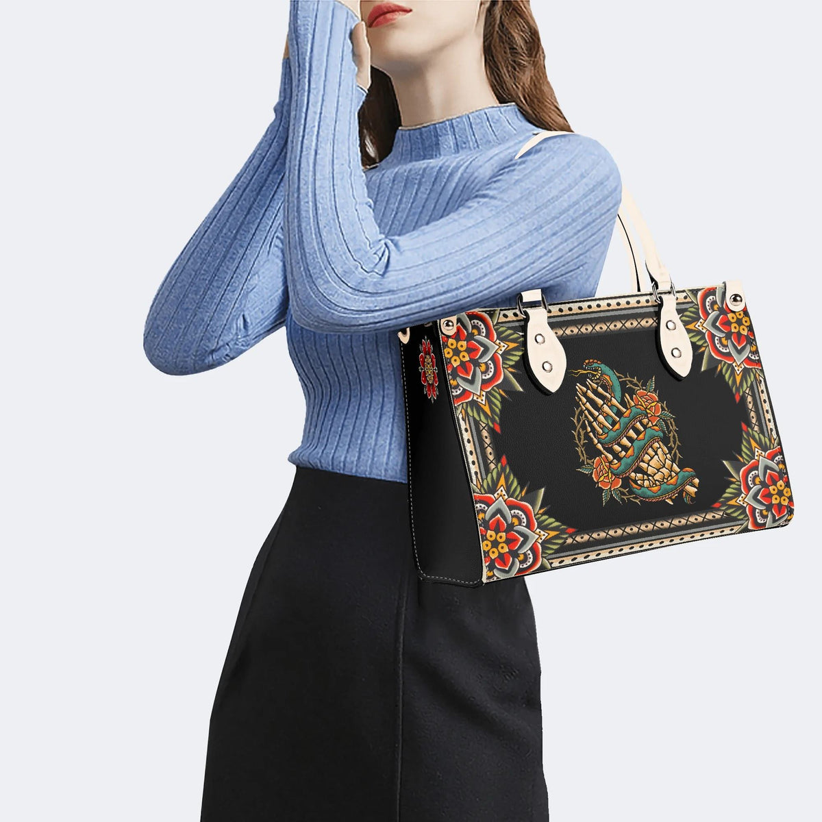 Skeleton Hand And Snake - Leather Handbag