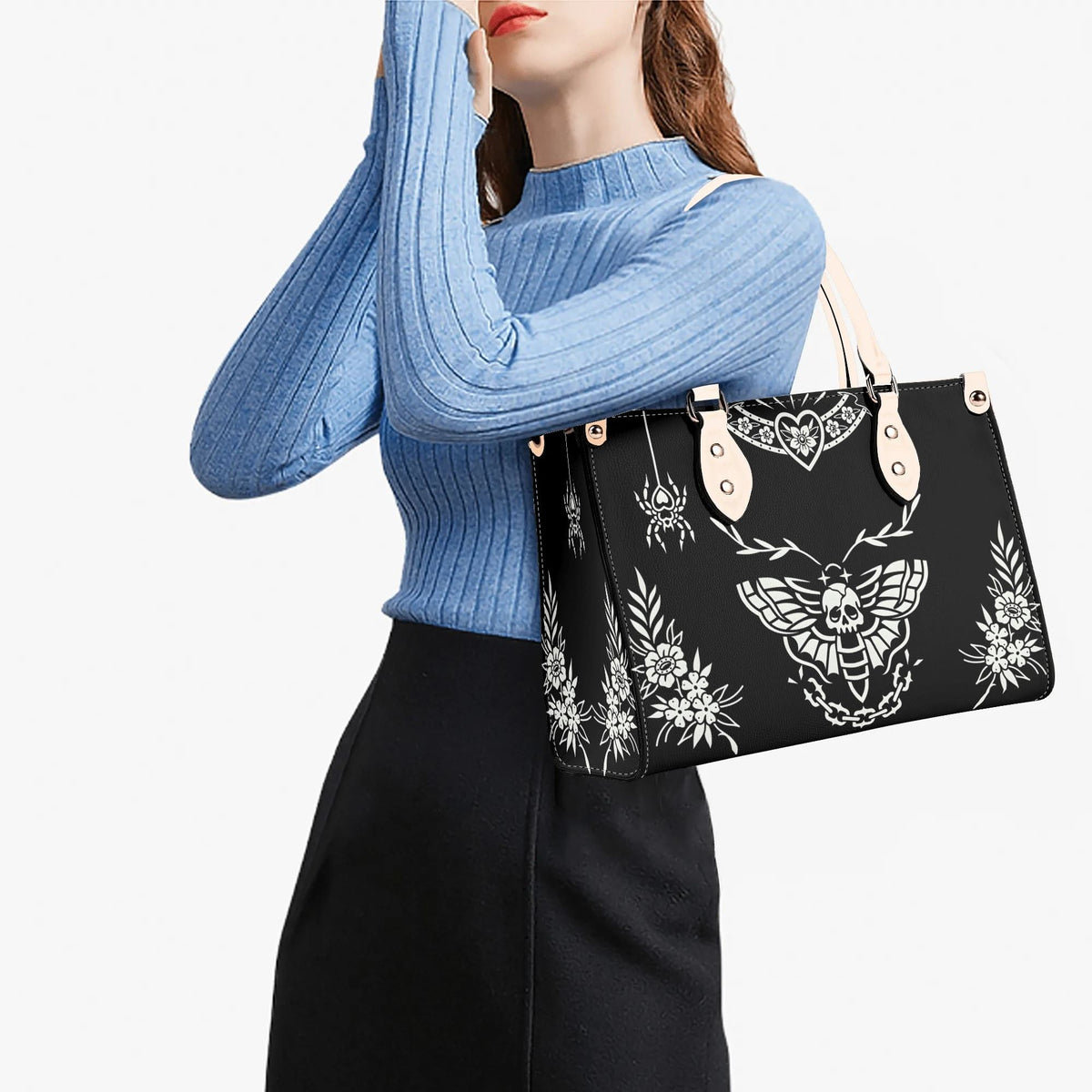 Death Moth Vintage Print - Leather Handbag