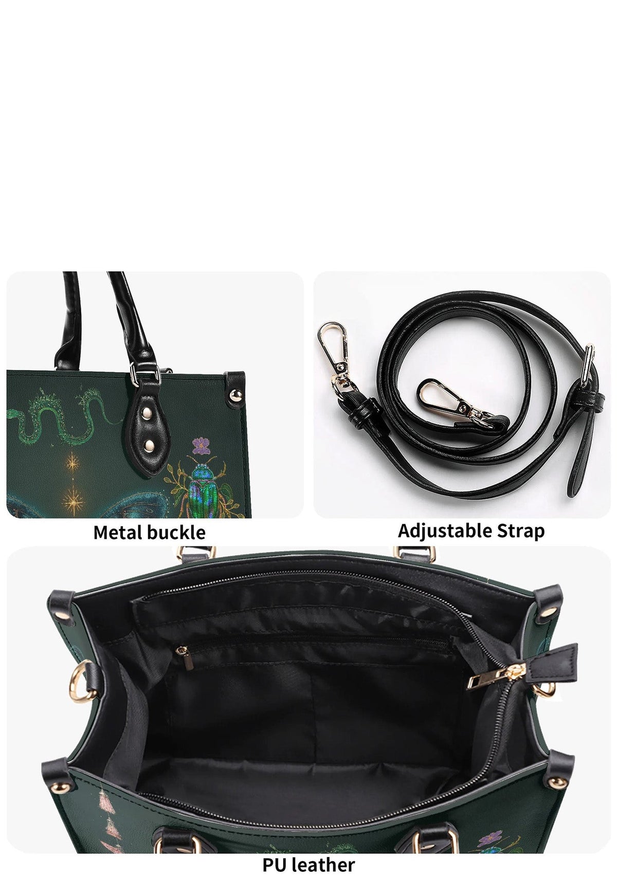 close-up of metal buckle, PU leather texture, and adjustable black strap details