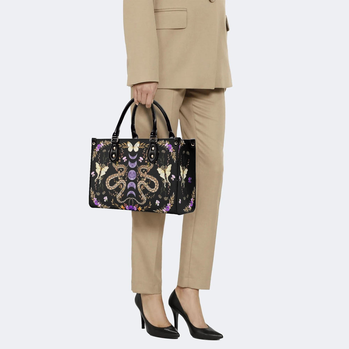 Vintage Moth And Snake Print - Leather Handbag
