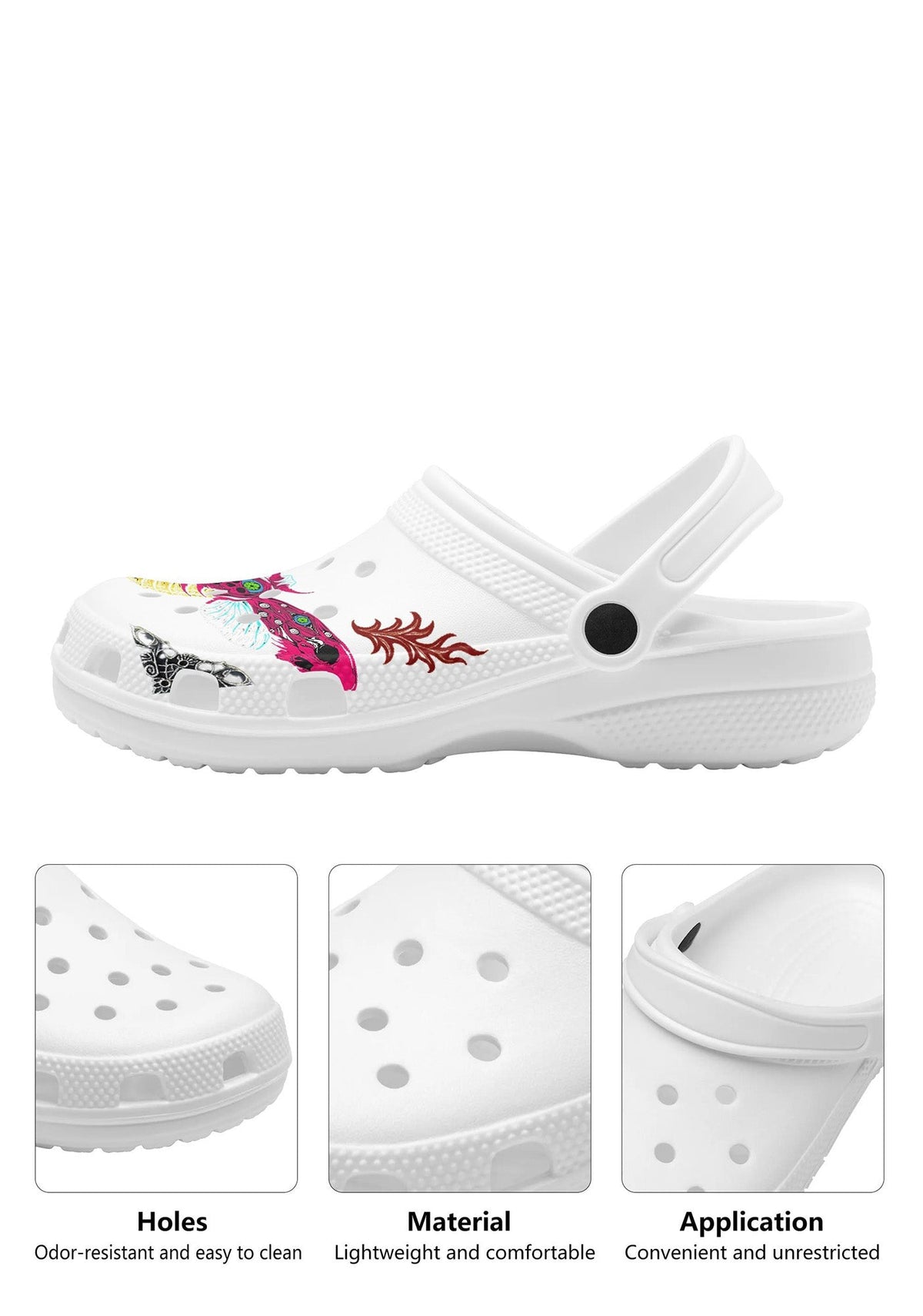 Close-up side panel view of white neon moth slippers with comfort strap